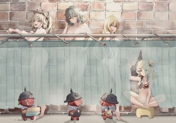  4girls alternate_hairstyle blonde_hair breasts brick_wall bricky_(zenless_zone_zero) burnice_white caesar_king_(zenless_zone_zero) censored commentary_request completely_nude convenient_censoring curtain_censoring curtains eyewear_on_head grassy_(zenless_zone_zero) green_eyes grey_hair hair_between_eyes hair_bun hair_intakes highres indian_style large_breasts long_hair luciana_de_montefio multiple_girls nude open_mouth petite pinjirooo piper_wheel red_eyes same-sex_bathing see-through_curtains shared_bathing short_hair shower_(place) shower_curtain showering sitting soap_bubbles sunglasses twintails woody_(zenless_zone_zero) yellow_eyes zenless_zone_zero  rating:Questionable score:34 user:spiderfan