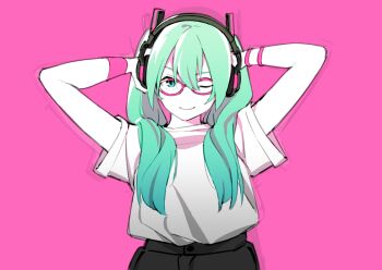  1girl aqua_eyes glasses green_hair hair_between_eyes hands_on_own_head hatsune_miku headphones long_hair looking_at_viewer one_eye_closed pink-framed_eyewear pink_background shirt shirt_tucked_in short_sleeves simple_background smile solo twintails upper_body vocaloid white_shirt wi_st_i 