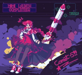  1girl braid cape comet_summoner98 commentary dress english_commentary high_heels long_hair long_sleeves looking_at_viewer mimi-chan missile okazaki_yumemi open_mouth pantyhose phantasmagoria_of_dim.dream pixel_art red_dress red_hair smile touhou touhou_(pc-98) 