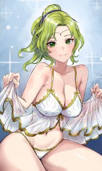  1girl breasts circlet cleavage clothes_lift commentary_request dress dress_lift fire_emblem fire_emblem:_the_sacred_stones green_eyes green_hair highres l'arachel_(fire_emblem) large_breasts light_smile midriff navel nightgown nintendo panties pocari66 ponytail see-through_clothes solo thick_thighs thighs underwear 
