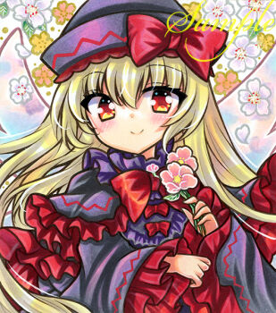  1girl black_hat blonde_hair closed_mouth commentary_request dress flower frilled_dress frills hat holding holding_flower long_hair looking_at_viewer marker_(medium) pink_flower red_eyes rui_(sugar3) sample_watermark shikishi smile solo touhou traditional_media upper_body watermark 