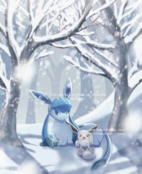  absurdres alternate_color bare_tree blue_eyes closed_mouth commentary_request eevee evolutionary_line forest fuyu_(utngrtn) gen_1_pokemon gen_4_pokemon glaceon highres nature nintendo no_humans open_mouth outdoors pokemon pokemon_(creature) shiny_pokemon snow snowing tree 