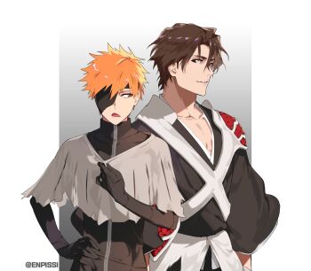  2boys aizen_sousuke aizen_sousuke_(cosplay) armor bad_id bad_twitter_id bleach bleach:_sennen_kessen-hen brown_hair cosplay costume_switch enpissi eyepatch hand_on_own_hip highres kurosaki_ichigo kurosaki_ichigo_(cosplay) male_focus multiple_boys open_mouth orange_hair pauldrons shihakusho shoulder_armor single_pauldron twitter_username 