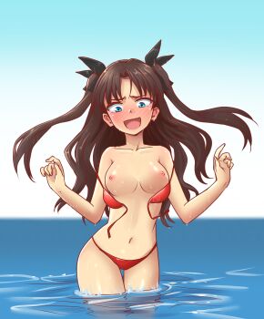  1girl absurdres accidental_exposure bikini black_hair blue_eyes blue_sky blush breasts brown_hair commentary commentary_request day embarrassed english_commentary fate/stay_night fate_(series) front-tie_bikini_top front-tie_top furrowed_brow hands_up highres looking_down medium_breasts mixed-language_commentary navel nipples ocean open_mouth outdoors red_bikini skechplezures sky solo stomach swimsuit tohsaka_rin two_side_up untied_bikini_top wading wardrobe_malfunction water wet 