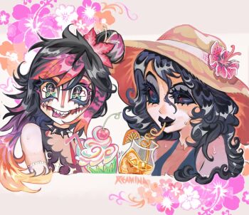  2girls :d arms_at_sides artist_name bare_shoulders bikini black_bikini black_choker black_hair black_lips black_shirt breasts brown_background brown_hat cherry choker cleavage closed_mouth colored_skin commentary creepypasta cropped_torso cup curly_hair drinking drinking_straw drinking_straw_in_mouth elbow_gloves english_commentary flat_chest floral_background flower food fruit glasgow_smile glass gloves green_eyes grin hair_between_eyes hair_flower hair_ornament hat hat_flower heart heart_in_eye high_ponytail highres hollow_eyes jane_the_killer juice lace lace-trimmed_gloves lace_trim long_hair long_hair_between_eyes looking_at_viewer milkshake multicolored_hair multiple_girls nina_the_killer open_mouth orange_(fruit) orange_flower orange_juice orange_slice outline pink_flower pink_hair ponytail raccoon_tails_(hairstyle) reamina_art red_lips scene_fashion sharp_teeth shirt sidelocks simple_background small_breasts smile spiked_choker spikes stitched_mouth stitches streaked_hair sun_hat sweat swimsuit symbol_in_eye teeth thick_eyelashes tongue tongue_out torn_clothes torn_shirt tropical two-tone_hair uneven_eyes whipped_cream white_gloves white_outline white_skin y2k_fashion 
