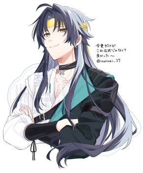  1boy ahoge alternate_costume alternate_hair_length alternate_hairstyle asaba_harumasa black_choker black_hair black_jacket choker closed_mouth collarbone commentary_request cropped_torso crossed_arms fang hair_intakes half-closed_eyes headband highres inainai_17 jacket jacket_partially_removed long_hair looking_at_viewer male_focus parted_bangs pendant_choker shirt sidelocks simple_background skin_fang smile solo translation_request twitter_username upper_body watermark white_background white_shirt yellow_eyes yellow_headband zenless_zone_zero 