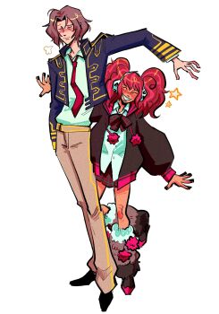  1boy 1girl black_jacket black_nails black_shoes blue_jacket blush bow brother_and_sister brown_pants closed_eyes closed_mouth collared_shirt commentary coyyfish drawstring earmuffs english_commentary fingernails full_body grey_hair grey_leg_warmers height_difference highres jacket kyokugen_dasshutsu kyokugen_dasshutsu:_9_jikan_9_nin_9_no_tobira leg_warmers long_hair long_sleeves nail_polish necktie niels_(kyokugen_dasshutsu) nose_blush open_clothes open_jacket pants pink_hair plaid_bow plaid_clothes plaid_skirt pom_pom_(clothes) pom_pom_drawstring puff_of_air red_bow red_necktie red_skirt shirt shoes short_hair siblings simple_background skirt smile standing standing_on_one_leg star_(symbol) twintails white_background white_shirt yotsuba_(kyokugen_dasshutsu) 