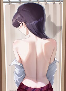  1girl artist_name back bare_back bare_shoulders black_eyes black_hair blush closed_mouth collared_shirt commentary danraz0r dress_shirt english_commentary fitting_room from_behind highres indoors komi-san_wa_komyushou_desu komi_shouko long_hair long_sleeves miniskirt no_bra open_clothes open_shirt plaid_clothes plaid_skirt profile purple_skirt shirt shoulder_blades skirt solo standing sweat sweatdrop undressing upper_body white_shirt  rating:Sensitive score:49 user:danbooru