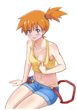 1girl :d areola_slip arm_support bare_arms bare_shoulders blendinglight blue_eyes blue_shorts blush breasts cleavage clothes_pull collarbone crop_top denim denim_shorts eyelashes groin hair_tie looking_at_viewer medium_breasts midriff misty_(pokemon) navel nintendo nipple_slip nipples no_bra open_mouth orange_hair pokemon pokemon_(anime) pokemon_(classic_anime) pokemon_rgby ponytail pulling_own_clothes shiny_skin shirt shirt_pull short_hair short_shorts shorts side_ponytail simple_background sitting sleeveless sleeveless_shirt small_breasts smile solo suspender_shorts suspenders sweat tank_top white_background yellow_shirt yellow_tank_top 