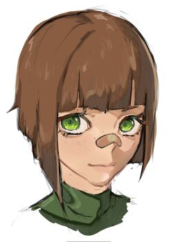  1girl bandaid bandaid_on_face bandaid_on_nose blunt_bangs blunt_ends bob_cut brown_hair cropped_shoulders doghunt14716979 freckles green_eyes green_shirt hashtag-only_commentary highres inverted_bob kasia_(peripeteia) light_smile looking_at_viewer painterly peripeteia shirt short_hair sidelighting simple_background sketch solo white_background 