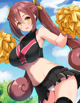  1girl black_shirt black_skirt black_thighhighs blue_sky breasts brown_hair cameltoe cheerleader cloud cloudy_sky commentary_request crop_top curly_ends flower hair_between_eyes hair_ribbon highres holding holding_pom_poms jikkyou_powerful_pro_yakyuu large_breasts long_hair midriff miniskirt multicolored_shirt navel open_mouth otobuki_kanade outdoors panties pantyshot pom_pom_(cheerleading) pom_poms power_pro_appli red_shirt ribbon rose senra_banshou shirt skirt sky solo teeth thighhighs twintails underwear upper_teeth_only white_panties yellow_eyes yellow_flower yellow_rose 