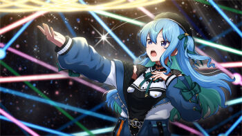  1girl arm_up belt beret black_belt black_choker black_dress black_hat blue_bow blue_eyes blue_hair bow bow_earrings choker collared_dress commentary_request dress earrings green_hair hair_bow hand_on_own_chest hat highres hololive hoshimachi_suisei hoshimachi_suisei_(casual) idol jacket jewelry lace lace-trimmed_sleeves lace_choker lace_trim long_hair looking_at_viewer multicolored_hair multicolored_jacket nail_polish official_alternate_costume open_mouth quilted_headwear quilted_jacket short_sleeves smile solo star_(symbol) star_in_eye symbol_in_eye two-tone_jacket upper_body virtual_youtuber y"s yellow_nails 