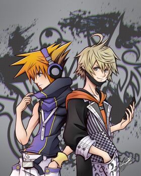 2boys ahoge back-to-back belt black_coat black_mask black_shirt blue_eyes brown_eyes cellphone coat ear_piercing eyebrows_hidden_by_hair face_mask frown graffiti hand_in_pocket headphones high_collar holding holding_phone hoodie kanade_rindo long_coat looking_at_viewer loose_belt male_focus mask mouth_mask mp3_player multiple_boys orange_hair orange_hoodie phone piercing sakuraba_neku shin_subarashiki_kono_sekai shirt sleeveless sleeveless_shirt smartphone smile spiked_hair standing subarashiki_kono_sekai sweatband