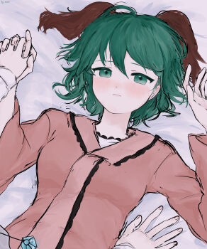  2girls absurdres animal_ears bed_sheet blush closed_mouth commentary_request dog_ears dress expressionless green_eyes green_hair hair_between_eyes highres holding_hands interlocked_fingers jewelry kasodani_kyouko looking_at_viewer lying medium_hair multiple_girls nagi_(dfgd8473) nazrin on_back pendant pink_dress pov pushing_down touhou yuri 