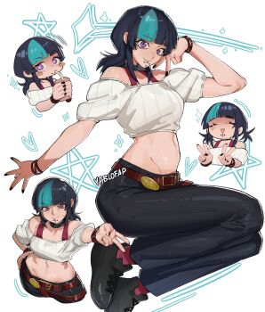  1boy absurdres androgynous bad_tag bare_shoulders belly belt belt_buckle black_hair black_nails black_pants black_shoes blue_hair blush bra_strap bracelet breasts buckle chibi choker commentary crop_top drink_carton drinking_straw face_piercing full_body highres holding holding_juice_box hoshi_kirara jewelry juice_box jujutsu_kaisen lip_piercing looking_at_viewer medium_hair midriff multicolored_hair multiple_belts multiple_bracelets multiple_views navel other_focus pants piercing purple_eyes red_belt red_socks shirt shoes simple_background small_breasts smile socks solo spiked_choker spikes star_(symbol) sweater trap two-tone_hair v white_shirt white_sweater yablofap 