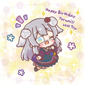  1girl :d black_boots blue_dress blue_flower blue_rose blush_stickers boots chibi closed_eyes commentary_request copyright_request dated dress eyepatch facing_viewer fang floral_print flower grey_hair hair_flower hair_ornament hand_up happy_birthday highres long_sleeves mitarashi_neko notice_lines open_mouth red_flower red_rose rose smile solo sparkle two_side_up virtual_youtuber white_flower white_rose yellow_flower yellow_rose 