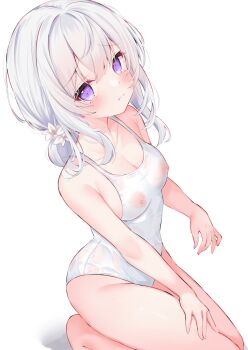 1girl barefoot blush breasts cleavage commission eip_(pepai) hand_on_own_thigh highres medium_breasts nipples one-piece_swimsuit original pink_eyes see-through_clothes short_hair simple_background sitting skeb_commission solo swimsuit thighs wet wet_clothes wet_swimsuit white_background white_hair white_one-piece_swimsuit rating:Questionable score:60 user:danbooru