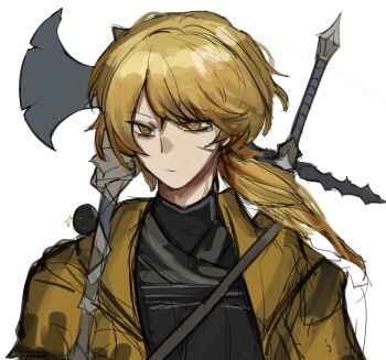  1boy a_certain_sinclair_(project_moon) aged_up bird black_bird black_shirt blonde_hair coat commentary empurpiee english_commentary expressionless hair_between_eyes halberd highres hood hood_down limbus_company looking_to_the_side low_ponytail male_focus medium_hair one_eye_closed open_clothes open_coat over_shoulder polearm ponytail project_moon scar scar_on_face shirt sinclair_(project_moon) solo sparkle sword turtleneck turtleneck_shirt upper_body weapon weapon_on_back weapon_over_shoulder white_background yellow_coat yellow_eyes 