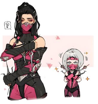  2girls absurdres breasts grey_eyes highres khameleon mask mileena_(mortal_kombat) mortal_kombat_(series) multiple_girls pink_ribbon pink_shirt ribbon sai_(weapon) shirt weapon white_hair  rating:General score:16 user:mski<msaki