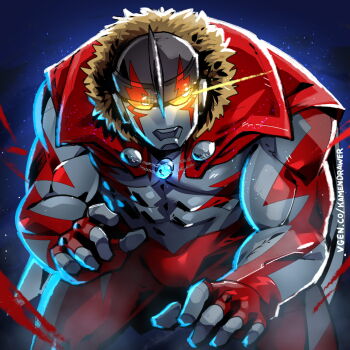  1boy alex_(street_fighter) ashmish blue_background chest_jewel colored_skin commentary cowboy_shot english_commentary fins fusion glowing glowing_eyes grey_skin head_fins highres male_focus solo street_fighter street_fighter_6 ultra_series yellow_eyes 