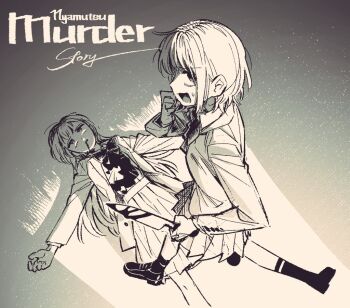  2girls bang_dream! bang_dream!_it's_mygo!!!!! blood blood_from_mouth blood_on_clothes bloody_knife commentary_request death greyscale holding holding_knife jacket knife korean_commentary long_hair lying monochrome multiple_girls murder neonfloyd on_back open_mouth pleated_skirt skirt sweatdrop wakaba_mutsumi yuutenji_nyamu 