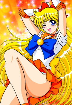  1girl ;d aino_minako arm_behind_head arms_up bare_legs bishie_sparkle bishoujo_senshi_sailor_moon blonde_hair blue_bow blue_eyes bow breasts collarbone commentary cowboy_shot earrings elbow_gloves eyelashes frilled_skirt frills gloves hair_bow hair_ornament hair_ribbon highleg highleg_leotard highres jewelry knee_up leotard long_hair looking_at_viewer magical_girl medium_breasts one_eye_closed open_mouth orange_skirt parody red_bow ribbon sailor_venus short_sleeves skirt smile solo sparkle_background tatsumi_kyouhei thighs tiara very_long_hair white_gloves white_leotard  rating:Sensitive score:21 user:danbooru