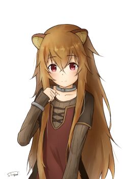  1girl absurdres animal_ear_fluff animal_ears artist_name black_dress blush brown_dress brown_hair child closed_mouth collar collarbone commentary_request dress eyebrows_hidden_by_hair hair_between_eyes hand_up highres layered_dress light_smile long_hair long_sidelocks long_sleeves looking_at_viewer messy_hair metal_collar metal_wrist_cuffs pinstripe_dress pinstripe_pattern raccoon_ears raccoon_girl raised_eyebrows raphtalia raphtalia_(young) red_dress red_eyes short_sleeves sidelocks signature simple_background sirogami_0614 solo tate_no_yuusha_no_nariagari two-tone_dress upper_body white_background 