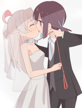2girls absurdres ahoge alternate_costume bdsm black_pants black_vs_white bridal_veil closed_eyes collar dress female_focus formal_clothes french_kiss genderswap genderswap_(mtf) highres hozuki_momiji kiss leash long_sleeves multiple_girls necktie onii-chan_wa_oshimai! oyama_mahiro pants ponytail red_eyes short_ponytail simple_background strapless strapless_dress suit tongue veil wedding_dress white_dress wife_and_wife yuri rating:Sensitive score:44 user:baquea