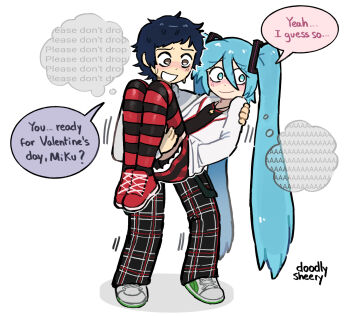  1boy 1girl black_shirt black_thighhighs blue_eyes blue_hair blush brown_eyes carrying closed_mouth colored_shoe_soles english_text full_body green_shoes hand_in_pocket hatsune_miku highres jacket jewelry knees_up long_hair long_sleeves looking_to_the_side mitsuko_tan multicolored_shoes necklace nervous_smile open_mouth princess_carry red_shoes red_thighhighs shirt shoes short_hair simple_background smile speech_bubble standing star_(symbol) star_necklace striped_clothes striped_thighhighs sweatdrop thighhighs thought_bubble two-tone_shoes vocaloid white_background white_jacket white_shoes 