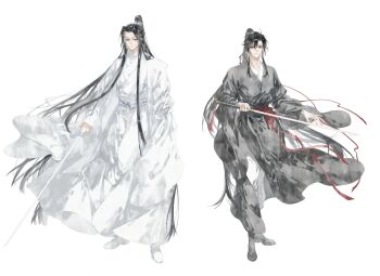 2boys ahoge bichen_sword black_boots black_hair black_hanfu boots chinese_clothes chinese_commentary closed_mouth commentary_request full_body grey_eyes hair_ribbon hanfu headband high_ponytail highres holding holding_sword holding_weapon implied_yaoi jian_(weapon) lan_wangji liuche79871650 long_hair long_sleeves looking_at_viewer male_focus modao_zushi multiple_boys pants ponytail red_ribbon red_sash ribbon robe sash sidelocks simple_background smile standing suibian_sword sword very_long_hair weapon wei_wuxian white_background white_boots white_hanfu white_headband white_pants wide_sleeves xiao_guan_(headdress) yellow_eyes 