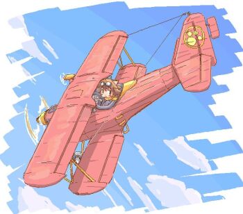  1girl aircraft airplane animal_ears aviator_goggles biplane blue_sky blush brown_hair cat_ears cat_girl cloud cloudy_sky commentary_request flying from_side goggles looking_back medium_hair oekaki original paw_print paw_print_pattern sky solo waka_(sagi) yellow_eyes 