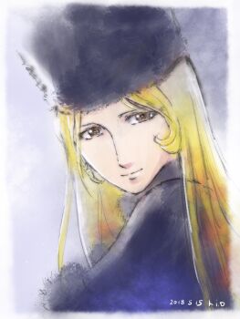  1girl 2018 artist_name black_capelet black_dress blonde_hair brown_eyes capelet coat commentary drawstring dress edakio eyebrows_hidden_by_hair funeral_dress fur-trimmed_coat fur-trimmed_headwear fur-trimmed_jacket fur_collar fur_hat fur_trim ginga_tetsudou_999 hat highres jacket leaning_forward long_hair looking_at_viewer maetel papakha pom_pom_(clothes) signature simple_background smile turtleneck very_long_hair 