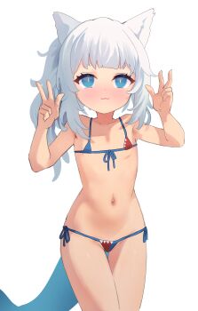 1girl :3 absurdres animal_ears bikini blue_eyes blush cat_ears cat_girl double_v evsenbei female_focus fins fish_tail gawr_gura highres hololive hololive_english loli long_hair looking_at_viewer micro_bikini navel paid_reward_available ponytail shark_girl shark_tail sidelocks simple_background smile solo standing swimsuit tail v virtual_youtuber white_background white_hair rating:Sensitive score:132 user:danbooru