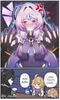  2girls 3boys absurdres aether_(genshin_impact) anger_vein bare_shoulders black_hair blonde_hair blue_eyes blush braid breasts citlali_(genshin_impact) commentary dr.kira english_commentary english_text facial_tattoo genshin_impact goat_horns hetero highres holding_hands horns if_they_mated itzpapa_(genshin_impact) long_hair medium_breasts milk multiple_boys multiple_girls pacifier pink_hair pout speech_bubble tattoo twin_braids 