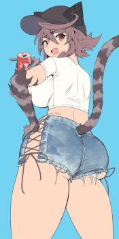  1girl animal_ear_headwear animal_hands animal_legs ass baseball_cap black_hat blue_background breasts brown_eyes brown_hair can cat_girl cat_tail commentary_request crop_top cross-laced_clothes cross-laced_shorts denim denim_shorts double-parted_bangs drink_can fake_animal_ears fang feet_out_of_frame from_behind grey_fur hair_between_eyes hand_on_own_thigh hat highres holding holding_can huge_breasts looking_at_viewer looking_back open_mouth original photo-referenced shirt short_hair short_sleeves shorts side_slit simple_background smile soda_can solo spiked_hair striped_fur tail thick_thighs thighs turning_head white_shirt yagatake_arashi_(nekoarashi) yana_(nekoarashi) 