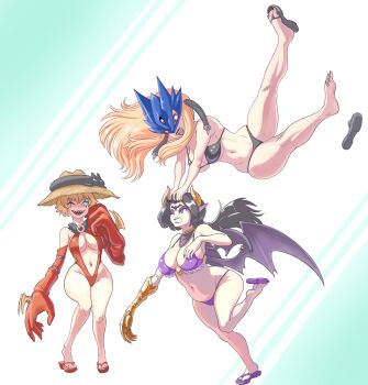 3girls ;d absurdres alternate_costume bare_shoulders bat_tattoo beelstarmon bikini black_bikini black_hair black_sandals blonde_hair blue_eyes blue_mask breasts cleavage collarbone commentary demon_girl demon_horns demon_wings digimon digimon_(creature) eye_mask eyeshadow facial_mark floating floating_hair forehead_tattoo full_body gauntlets gloves groin hair_between_eyes hands_on_another&#039;s_head hat highres horns large_breasts lilithmon lipstick long_hair looking_at_another makeup mask multiple_girls multiple_wings navel one_eye_closed open_mouth oversized_limbs parted_bangs piercing pointy_ears profitwalrus purple_bikini purple_eyes purple_eyeshadow purple_lips purple_sandals red_gloves red_sandals red_slingshot_swimsuit sandals sharp_teeth short_hair sidelocks single_gauntlet slingshot_swimsuit smile standing standing_on_one_leg stomach straw_hat swimsuit tattoo teeth third_eye upper_teeth_only wing_piercing wings witchmon 