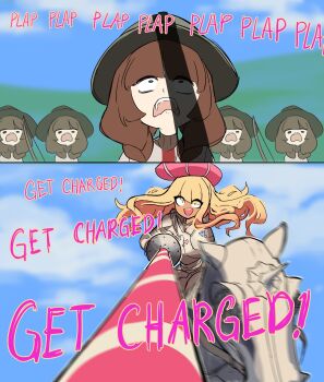  2girls archery armor blonde_hair blue_sky bow brown_hair centurii-chan commentary english_commentary gyaru_landsknecht_(centurii-chan) helmet highres knight lance meme multiple_girls original penis_shadow people plap_plap_plap_get_pregnant_(meme) polearm scared shadow sky sound_effects weapon 