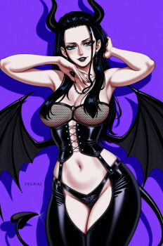  ai-assisted black_hair black_lingerie black_lips blue_eyes demon_girl demon_horns demon_tail goth_fashion highres horns long_hair nico_robin one_piece prixmal tail  rating:Questionable score:24 user:Rockito