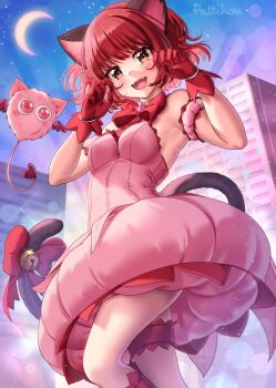  1girl 1other animal_ears armpits blush bow breasts building cat_ears cat_girl cat_tail crescent_moon dress fangs frilled_thigh_strap gloves heart highres masha_(tokyo_mew_mew) medium_breasts mew_ichigo momomiya_ichigo moon open_mouth orange_eyes pattikou paw_pose pink_dress pink_fur red_bow red_gloves red_hair short_hair smile strapless strapless_dress tail thigh_strap tokyo_mew_mew tokyo_mew_mew_new  rating:Sensitive score:5 user:danbooru