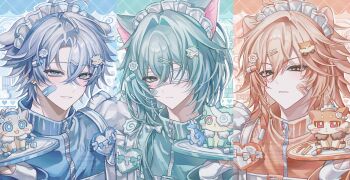  3boys absurdres alternate_costume anaxa_(honkai:_star_rail) animal_ears aqua_hair aqua_jacket bandaid bandaid_on_cheek bandaid_on_face blue_eyes blue_jacket cat_boy cat_ears dog_boy dog_ears eyepatch hair_between_eyes hair_ornament hairclip hashtag-only_commentary highres honkai:_star_rail honkai_(series) jacket maid maid_headdress male_focus multiple_boys mydei_(honkai:_star_rail) orange_eyes orange_hair orange_jacket phainon_(honkai:_star_rail) short_hair smile touyu_1210 track_jacket white_hair 