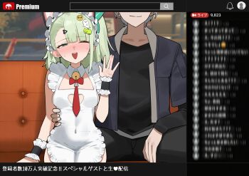  :d animal_ear_hairband animal_ears apron aroused black_shirt blunt_bangs breasts cat_ear_hairband cat_ears commentary covered_groin covered_navel detached_collar earrings emoji fake_animal_ears flasso green_hair hairband head_out_of_frame highres holding_another's_waist indoors jacket jewelry maid_headdress medium_breasts naked_apron one_eye_closed open_mouth pants pleading_face_emoji shirt side_ponytail single_earring smile stream sunna_(zenless_zone_zero) sweatdrop untranslatable_commentary waving wise_(zenless_zone_zero) wrist_cuffs zenless_zone_zero 