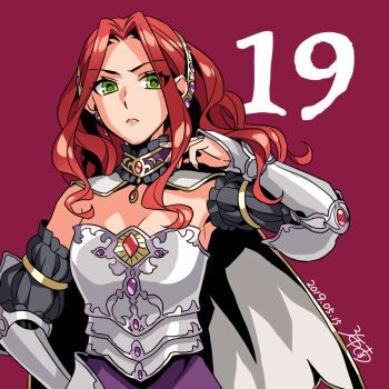  1girl armor armpit_peek artist_name bad_id bad_pixiv_id breastplate breasts cape choker cleavage closed_mouth commentary_request dated earrings forehead frilled_choker frilled_sleeves frills frown gemstone_choker gold_choker gold_trim green_eyes grey_armor grey_sleeves hand_on_own_hip hand_up jewelry long_hair long_sidelocks long_sleeves looking_at_viewer malty_s_melromarc minami_seira multicolored_choker numbered official_artist_extra parted_bangs pinstripe_sleeves purple_background purple_choker purple_skirt red_hair sidelocks signature simple_background skirt small_breasts solo split_mouth tate_no_yuusha_no_nariagari upper_body v-shaped_eyebrows vambraces wavy_hair white_cape 