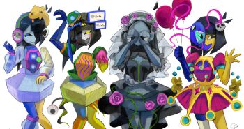  4girls alternate_costume balloon black_hair blue_eyes blue_skin blunt_bangs bob_cut colored_skin commentary demon_ena diablada_ena dog drunk_ena ena_(ena) ena_(series) ena_(species) ena_(web_series) english_commentary eyeball floating_head flower frown full-sadness_ena hair_ornament happy_ena headphones highres hourglass_dog long_hair low_poly mask mask_(ena) moony_(ena) multicolored_skin multiple_girls necktie open_mouth pink_flower pink_rose puffy_short_sleeves puffy_sleeves ribbon rose sadder_ena shirt short_sleeves skirt skull_hair_ornament smile spiral spiral_cheeks split-color_skin surreal tears two-tone_skin usagimarumei veil wavy_mouth yellow_skin 