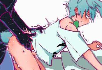  2boys alien_stage anal animal_ears blue_hair blush bottomless bow bowtie commentary_request green_bow green_bowtie green_eyes head_out_of_frame highres ivan_(alien_stage) kemonomimi_mode kkarapple multiple_boys penis pillow rabbit_boy rabbit_ears rabbit_tail sex sex_from_behind shaking small_penis sweat sweatdrop tail till_(alien_stage) torso_grab white_background yaoi 