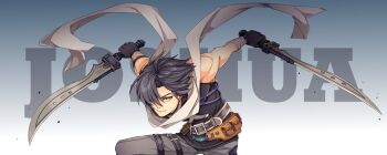  1boy bandaged_wrist bandages belt_pouch black_gloves black_hair black_shirt character_name commentary dual_wielding eiyuu_densetsu english_commentary english_text fingerless_gloves floating_scarf gloves gradient_background grey_background grey_pants hair_over_one_eye hair_slicked_back highres holding holding_sword holding_weapon joshua_bright male_focus pants parted_bangs pouch scarf shirt short_hair sleeveless sleeveless_shirt solo sora_no_kiseki swept_bangs sword upper_body weapon white_scarf yellow_eyes yuzukiyo 