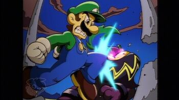 2boys blue_overalls bowser_jr. brown_hair brown_shoes child facial_hair gloves green_hat green_shirt hat knee_up luigi mario_(series) mario_kart mario_kart_64 mask multiple_boys mustache night nintendo overalls punching shirt shoes size_difference sweat the_super_mario_galaxy_movie transformation universal_studios yinyanggio14