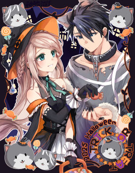  1boy 1girl animal_ears blonde_hair blue_eyes blue_hair collar cosplay eiyuu_densetsu elaine_auclair fake_animal_ears halloween halloween_bucket halloween_costume halterneck hat highres kuro_no_kiseki_(series) kuro_no_kiseki_i mishy pumpkin van_arkride werewolf_costume willfin witch witch_hat wolf_ears  rating:General score:1 user:danbooru