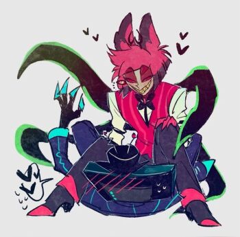  2boys a_o_i alastor_(hazbin_hotel) animal_ears bad_id bad_pixiv_id black_bow black_bowtie blue_suit blush bow bowtie deer_ears formal_clothes hat hazbin_hotel heart hellaverse high_heels looking_down multicolored_hair multiple_boys object_head official_alternate_costume sitting sitting_on_person spoken_heart suit television tentacles top_hat two-tone_hair vox_(hazbin_hotel) yaoi 