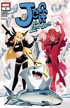  2girls absurdres animal armor avengers_(series) belt black_belt black_eyes black_gloves black_leggings black_shirt black_shorts black_thighhighs blonde_hair blunt_bangs boots breasts brown_hair character_name cleavage cleavage_cutout clothing_cutout comic_cover company_name copyright_logo copyright_name dress english_text fish gills gloves gradient_hair green_eyes gurihiru highres holding holding_animal holding_behind_back holding_fish holding_sword holding_sword_behind_back holding_weapon holding_weapon_behind_back huge_weapon jeff_(marvel) leggings logo long_hair looking_at_creature looking_up magic magik_(x-men) marvel midriff multicolored_hair multiple_girls navel official_art orange_hair pauldrons red_boots red_dress red_hair red_tiara scarlet_witch shark shark_fin sharp_teeth shirt shorts shoulder_armor single_pauldron smirk spiked_pauldrons spikes sword teeth thigh_boots thighhighs very_long_hair wanda_maximoff weapon x-men 