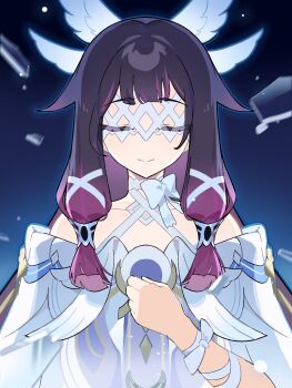  1girl bare_shoulders black_hair bow chinese_commentary closed_eyes closed_mouth columbina_(genshin_impact) commentary_request dress eye_mask facing_viewer genshin_impact hair_ornament head_wings highres long_hair mask multicolored_hair purple_hair ribbon shuimusang_lingganguban sidelocks smile solo upper_body white_bow white_dress wing_hair_ornament wings 
